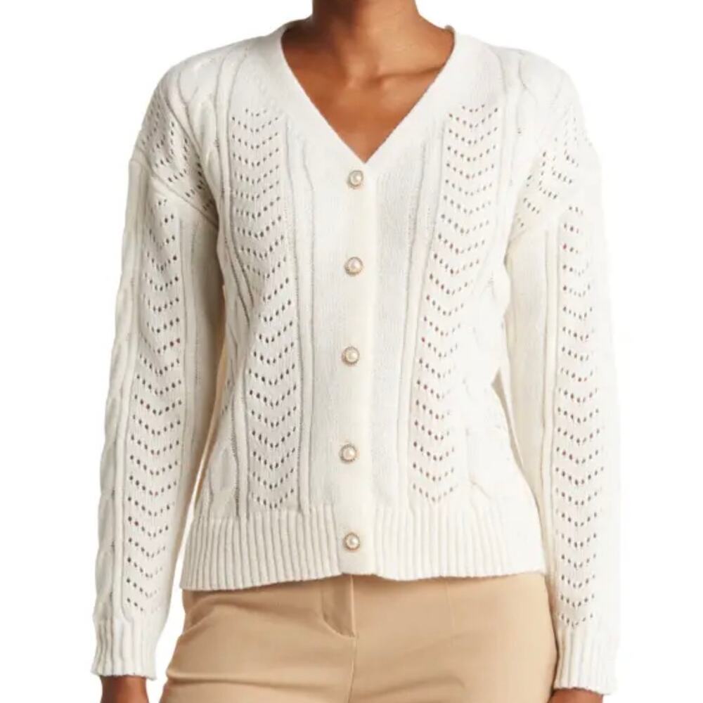 Nanette Lepore Cardigan Sweater L/XL Womens Cream Pearl Button Pointelle Knit